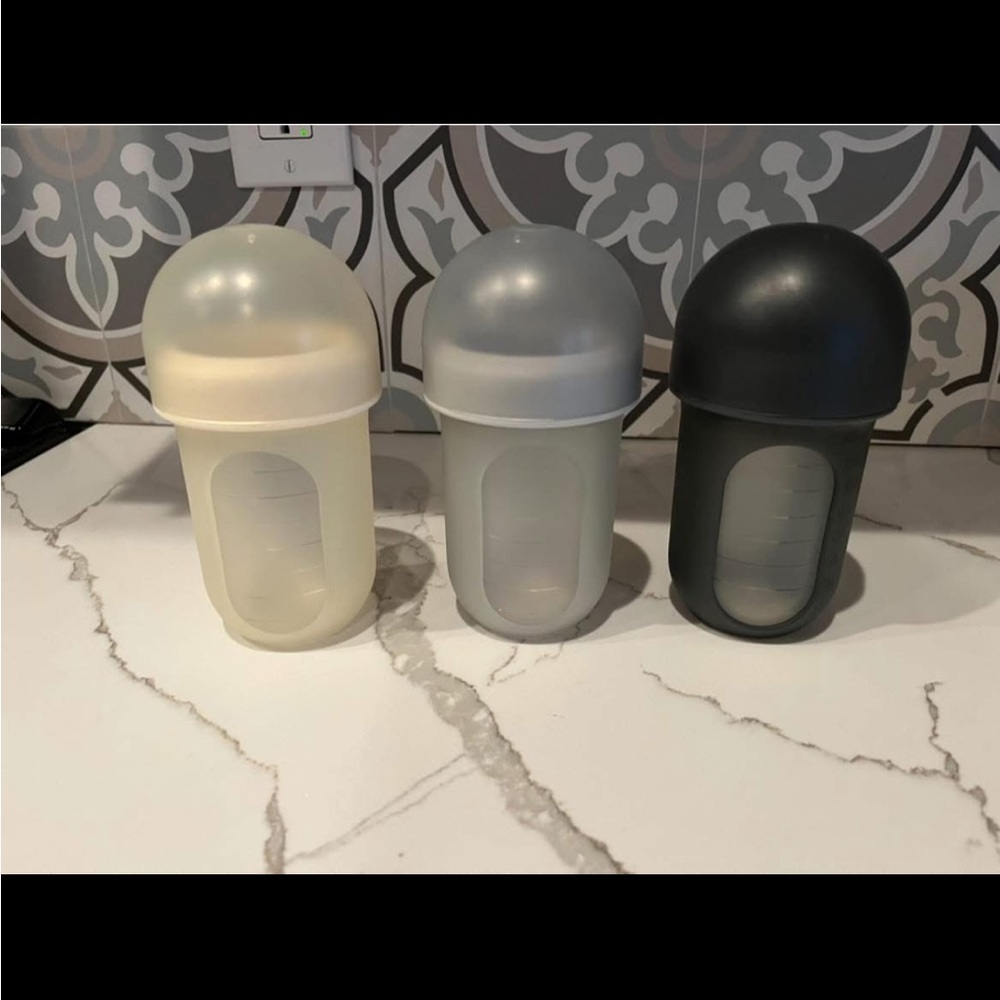 Set of 3 Silicone Baby Bottles - Cream, Gray, and Black